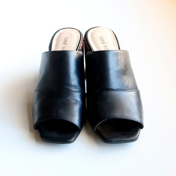 Nine West Janel Black Leather Square Toe Woven Block Heel Mules / Slip On Shoes - Picture 4 of 16